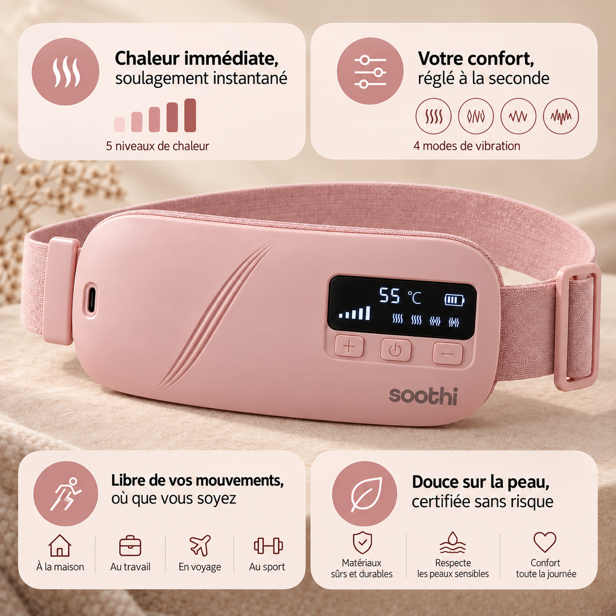 Soothi Ceinture Chauffante & Massante 5 Modes pour Crampes Menstruelles